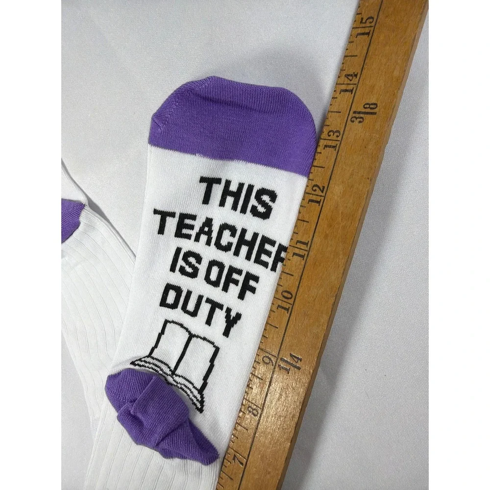 Back To School Off Duty Teacher Novelty Crew Socks White Purple Cotton Blend NEW